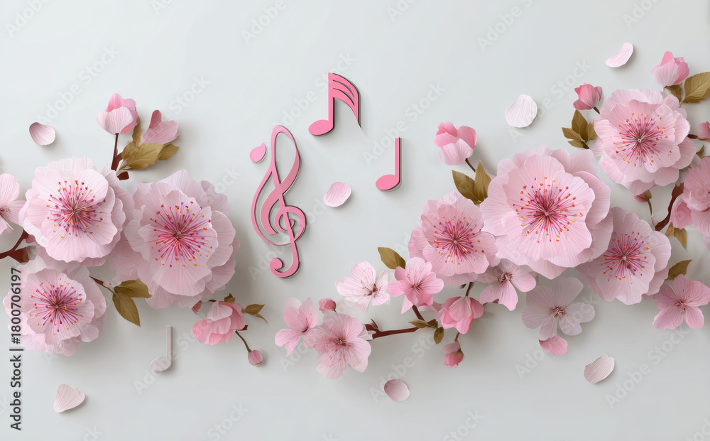 Obraz premium Beautiful spring flowers and musical notes create harmonious and vibrant scene, evoking feelings of joy and creativity. delicate pink blossoms and notes blend seamlessly, celebrating nature
