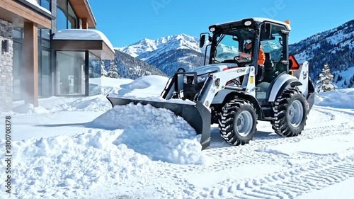 A snowplow clears a path in a wintry landscape with mountains in the background