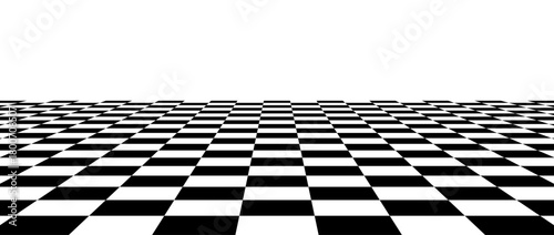Black and white checkerboard floor in perspective. Abstract checkered tile pattern background. Retro horizontal chess board grid plane surface. Vector vintage empty room stage checker floor