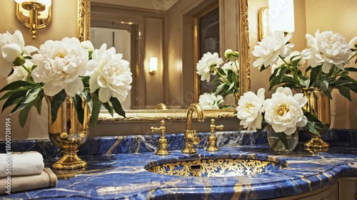 Opulent bathroom scene with a blue marble vanity, gold fixtures, and white peony floral arrangements