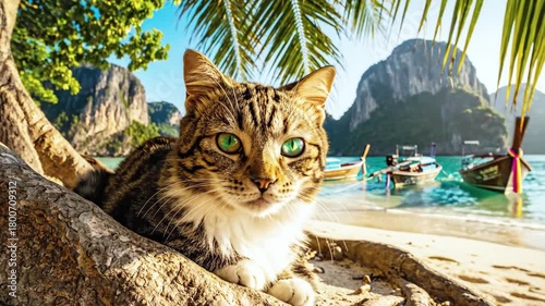 Cat relaxes on a tropical beach, with palm leaves, boats, and mountain backdrop