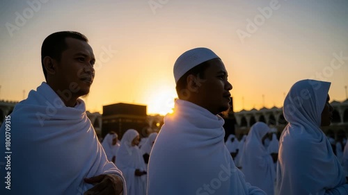 Men in white reflect as the sun sets behind a sacred site at a religious event