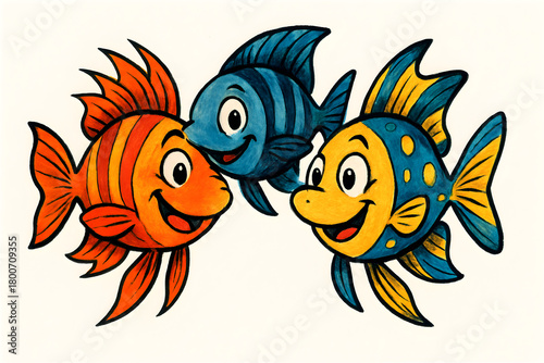 Playful cartoon fish trio over coral reef with vibrant stripes