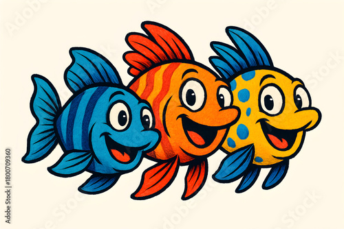 Smiling cartoon fish trio above coral reef with vibrant colors