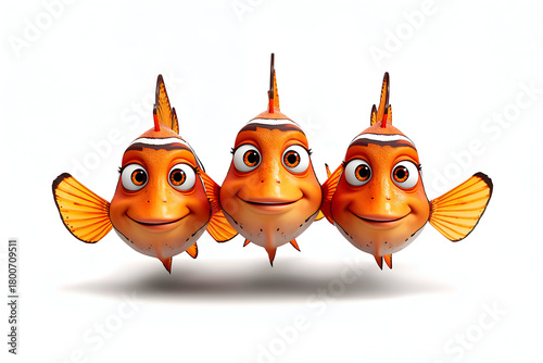 Vibrant cartoon fish trio with joyful expressions in coral reef mood