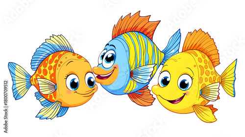 Friendly cartoon fish trio circling coral reef in vibrant blue sea