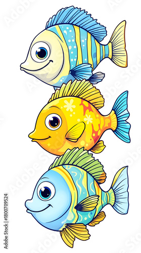 Adorable cartoon fish trio cruising coral reef in vibrant illustration
