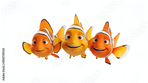 Happy cartoon fish trio swimming lively in vibrant coral reef scene