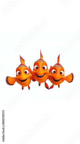 Vibrant cartoon fish trio with tropical colors in lively coral reef scene