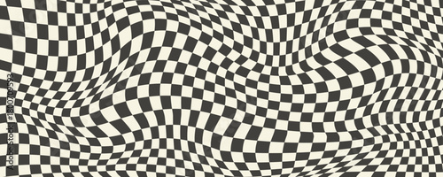 Trippy checkerboard background. Retro psychedelic checkered wallpaper. Wavy groovy chessboard surface. Distorted geometric grid chess pattern. Abstract old race flag backdrop. Vector