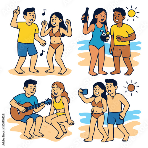 People dancing, drinking, playing guitar, and taking selfies on sunny beach, joyful summer vibe