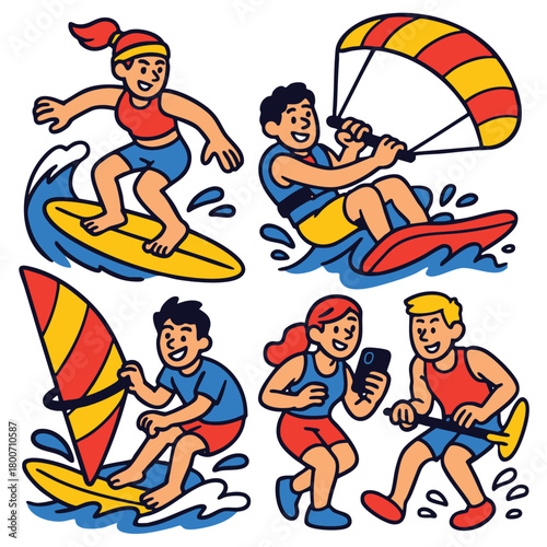 Surfer, kitesurfer, windsurfer, runner, friends, enjoying summer water sports, cheerful mood
