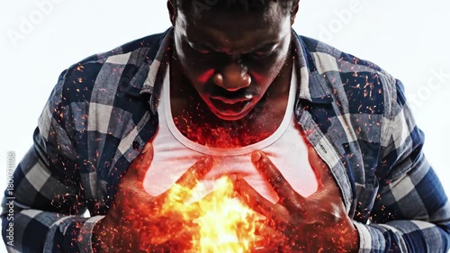 A dark-skinned person in a plaid shirt with hands glowing around a burning heart
