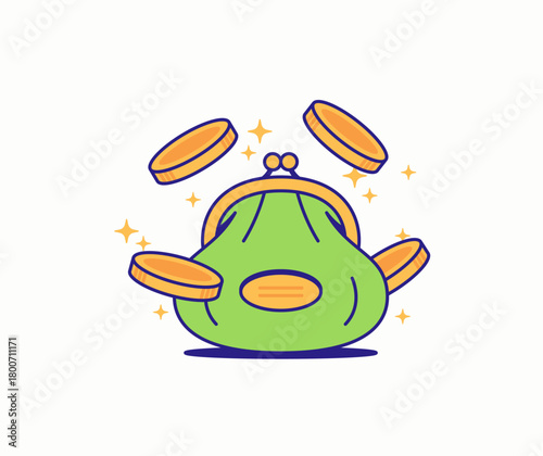 Coin purse is shown surrounded by flying gold coins and sparkling stars illustration cartoon hand drawn style vector for concepts related to finance, savings, budgeting, investment, digital wallet