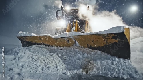 Snowplow clears road at night, headlights illuminate snowfall, snowstorm, blizzard, winter scene
