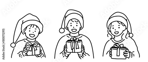 手書き　線画　サンタ帽をかぶってギフトボックスを持っている子どもたち