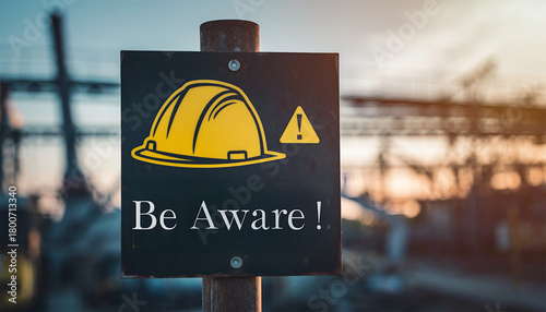 Construction safety warning sign with yellow hard hat icon and be aware message