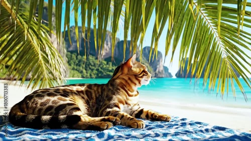 A striped cat rests on a blue towel on a beach, palm leaves and ocean view in background