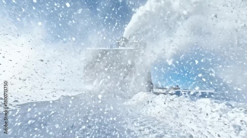 A large blue snowblower expels a cloud of snow against a vivid blue sky