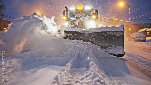 A snowplow clears a city street at night, with buildings and traffic lights visible