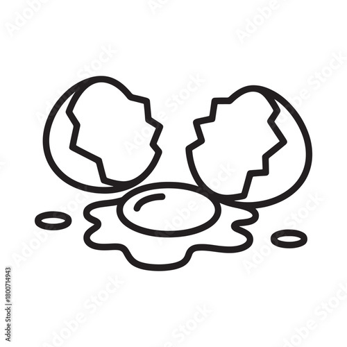 Simple line art of a cracked egg with yolk spilling