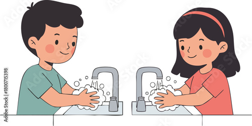 Illustration of a boy and a girl washing their hands with soap and water at sinks.