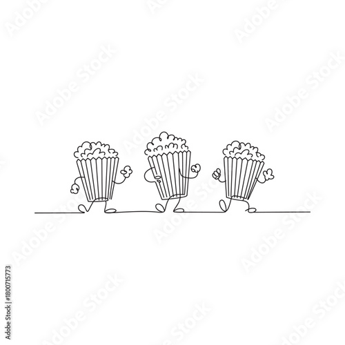 Three cartoon popcorn buckets with arms and legs walking
