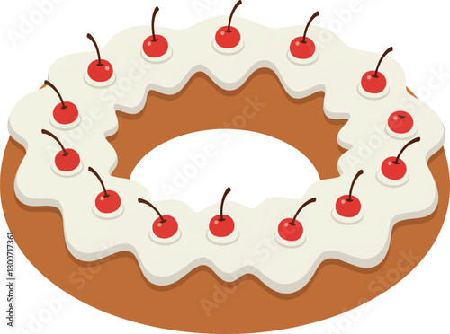 Decorative Cherry Topped Ring Cake with White Icing on Brown Base