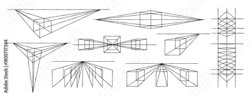 Clean linear perspective diagrams showing vanishing points, horizon lines, geometric grids, and construction guides. Useful for architecture, drawing , technical design, and educational materials