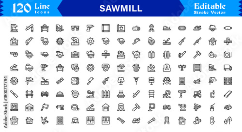 Sawmill And Lumber Industry Line Icon Set – Professional, Modern, Minimal, And Pixel Perfect Woodcutting Symbols