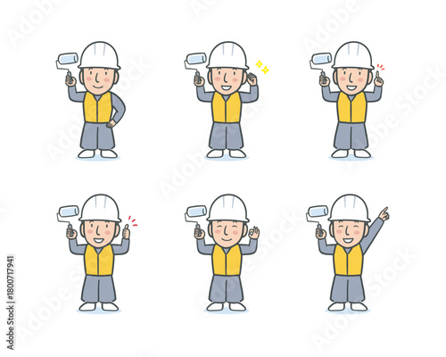 作業服を着てローラーを持った塗装職人の表情ポーズセット