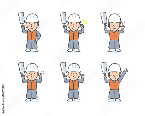 作業服を着てのこぎりを持った大工さんの表情ポーズセット