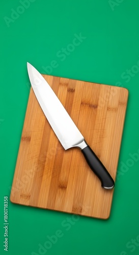 A sharp kitchen knife resting on a wooden cutting board against a vibrant green background, ready for food preparation or cooking tasks
