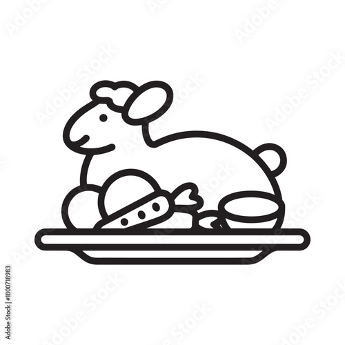 Stylized line art of a roasted lamb on a platter