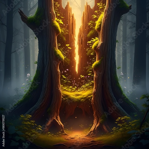 A magical forest scene with towering ancient trees illuminated by warm sunlight filtering through the dense canopy