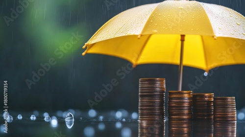 Wallpaper Mural financial security demonstrated by a vibrant yellow umbrella shielding stacks of coins from a downpour, symbolizing protection and stability Torontodigital.ca