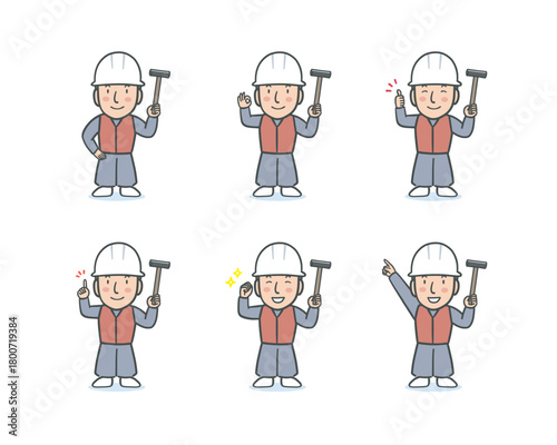 作業服を着て金槌を持った大工さんの表情ポーズセット