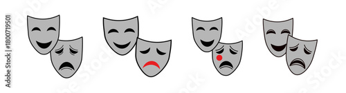 A set of four pairs of grey theatrical masks, representing the classic symbols of comedy and tragedy.
