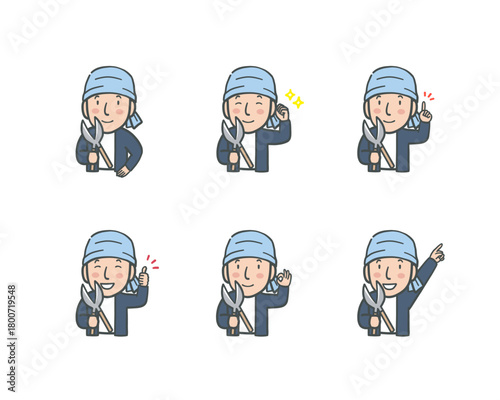 ヘルメットを被って枝切りばさみを持った作業服の男性の表情ポーズセット