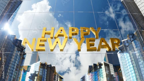 Happy New Year Golden Text City Sky Reflection