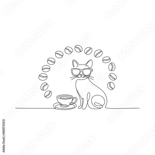 Whimsical cat surrounded by coffee beans and cup