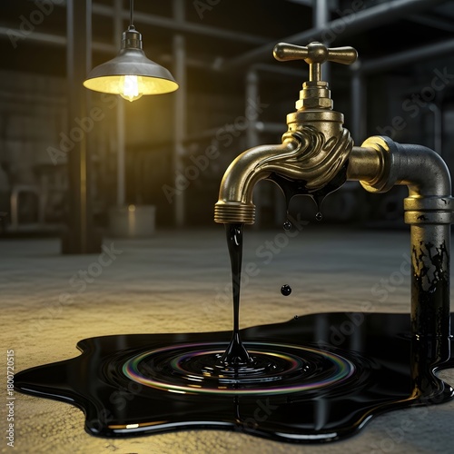 A close-up of a metallic faucet dripping black liquid into a dark puddle on a smooth surface in an industrial setting with warm lighting