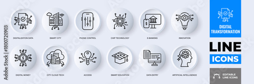 Digital Transformation Icons: a collection of illustrative icons of digital transformation for use in information technology, internet, and communication.