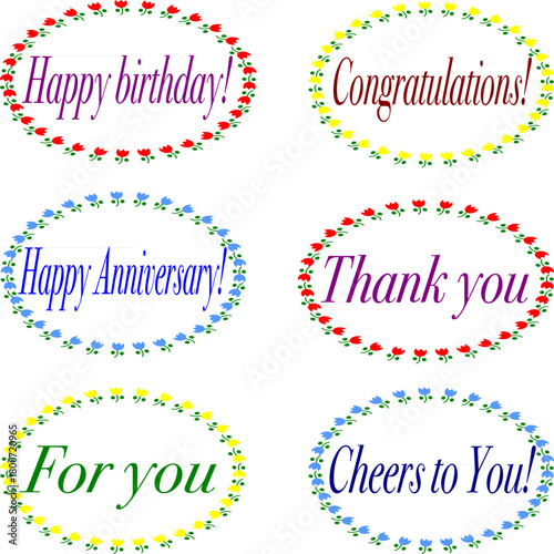 メッセージカードや装飾、シールにしても便利_かわいいチューリップに囲まれたメッセージ6種類セット