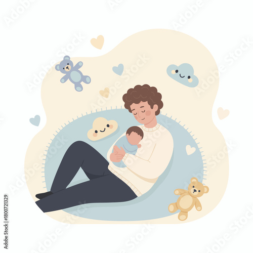 Baby Sleeping on Dad’s Chest

Flat-vector gentle illustration of baby resting on father’s chest