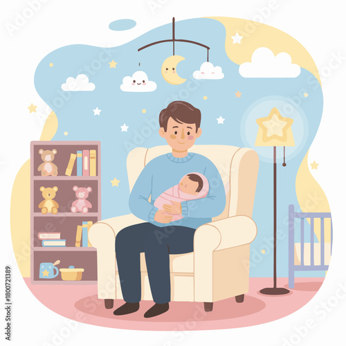 Father Cradling Newborn

Flat-vector nursery illustration of a father gently cradling a newborn baby,