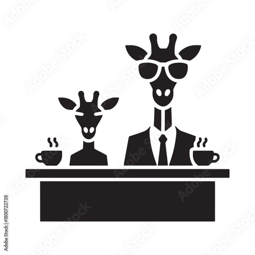Two silhouetted giraffes in business attire enjoying coffee