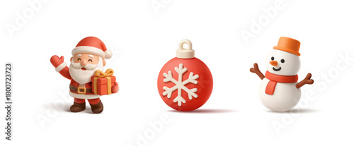 3D set of Christmas icons. Happy character of Santa Claus with a gift, snowman, Christmas tree toy with snowflake. Vector illustration.