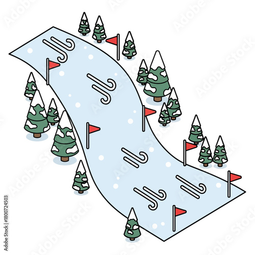 Cartoon Ski Slope Illustration with Trees and Flags.