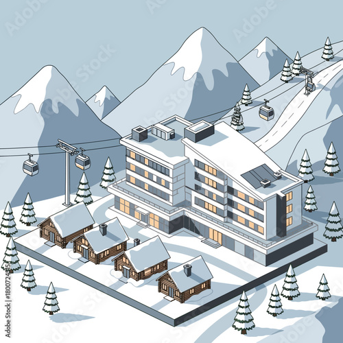 Isometric Ski Resort in Winter Landscape Illustration.